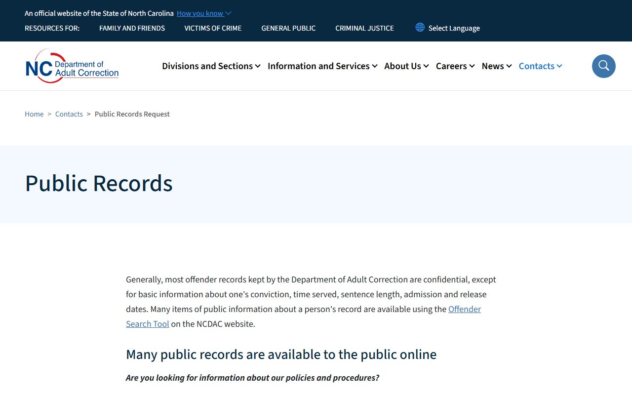 North Carolina inmate records NCDAC public records page