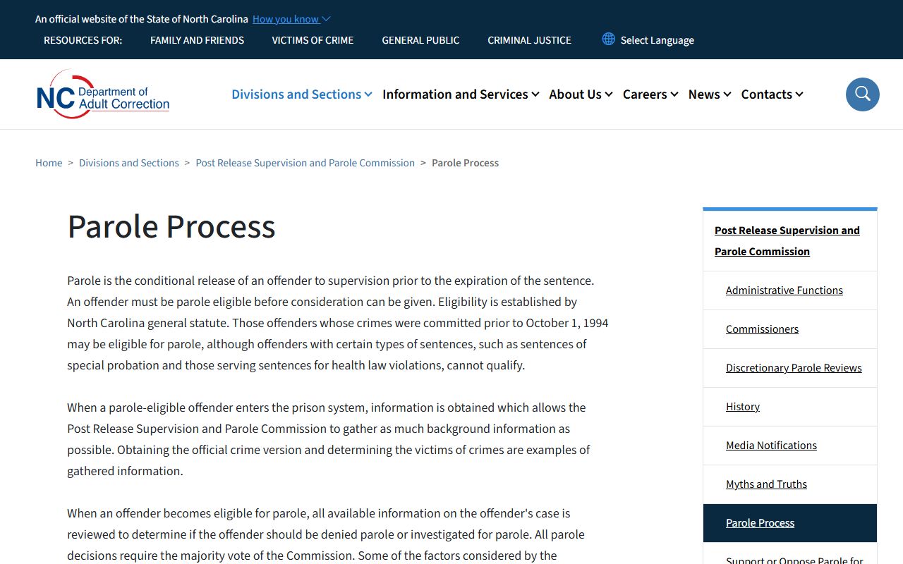 NCDAC inmate population parole and post-release supervision page