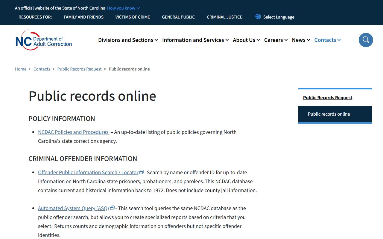 NCDAC inmate population public records online resources