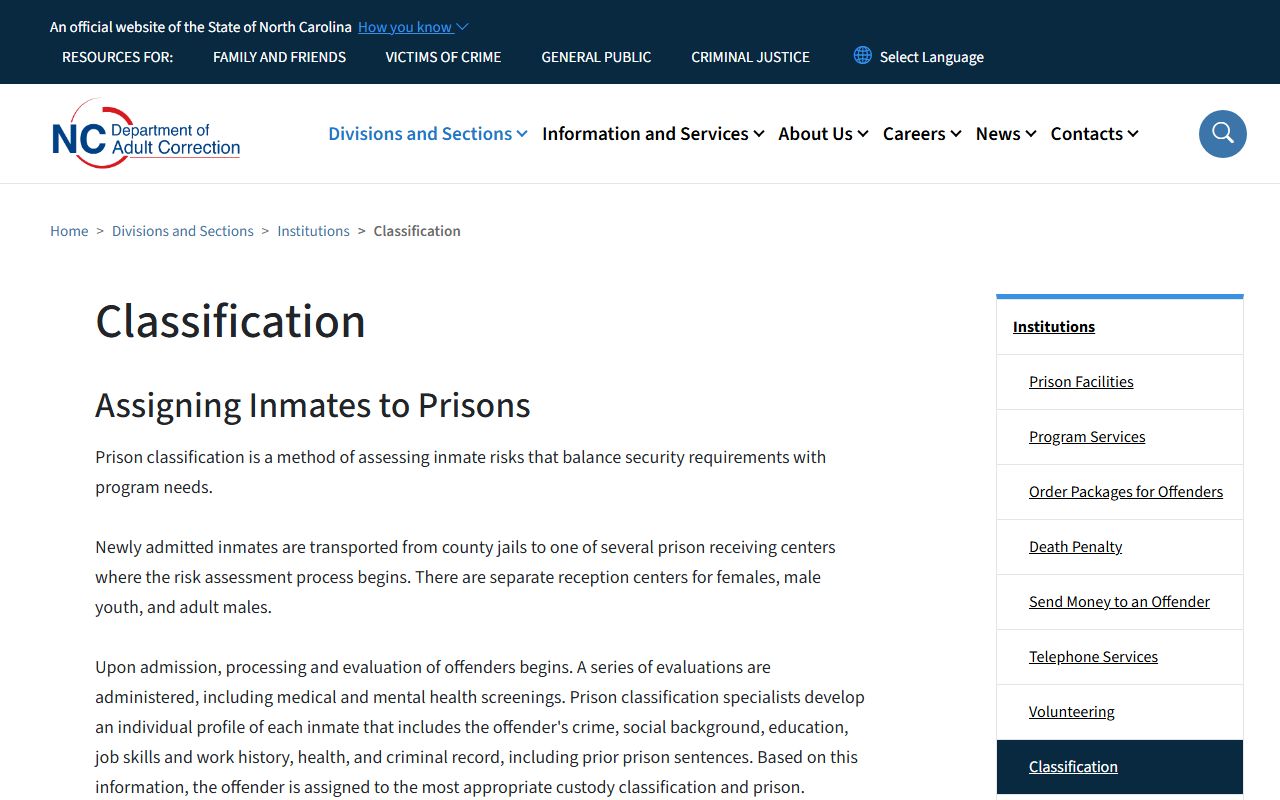 NCDAC inmate population custody classification page