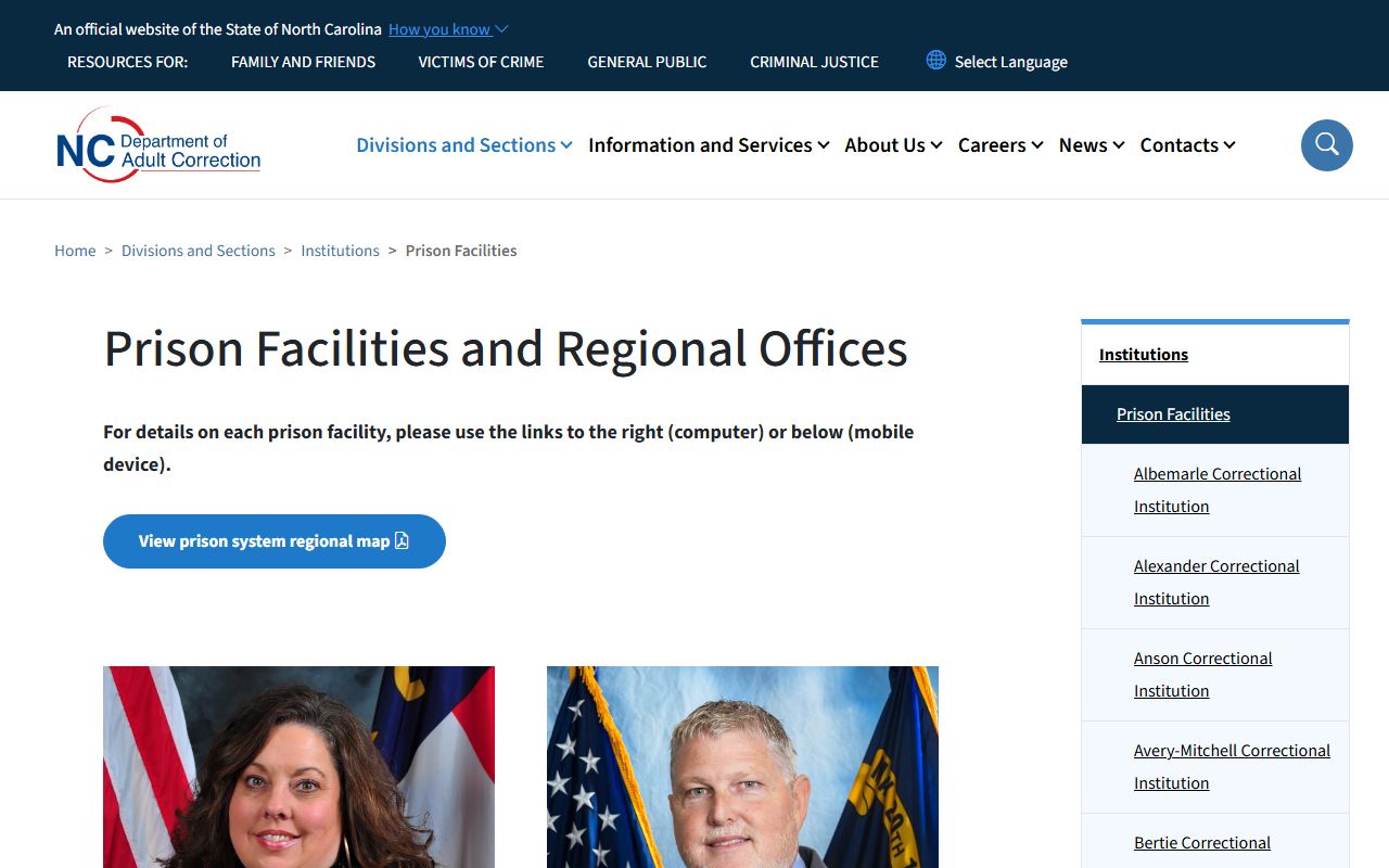 North Carolina prison facility directory NCDAC page